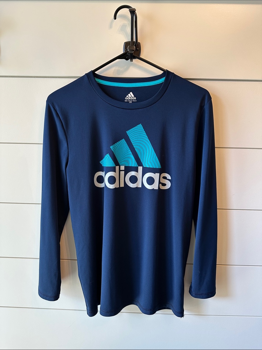 adidas boys Navy Long-Sleeve Tee with Teal Logo